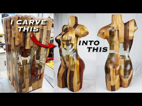 Carving a HUGE Epoxy &amp;amp; Wood Block Into a Human Figure / Chainsaw Carving Art / Woodworking art