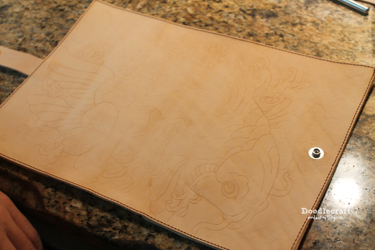 leather tooling carving book cover Asian Koi fish hibiscus flower waves (2).JPG