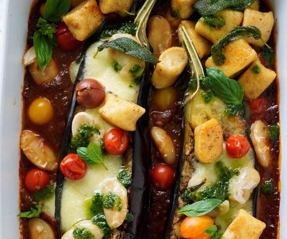 Roasted Aubergine, Tomato Sauce, Beans and Ricotta Gnocchi
