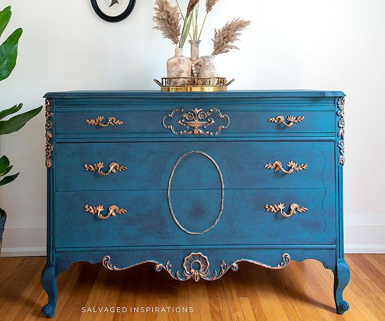 Vintage Dresser Painted in Blue and Gold | Furniture Makeover