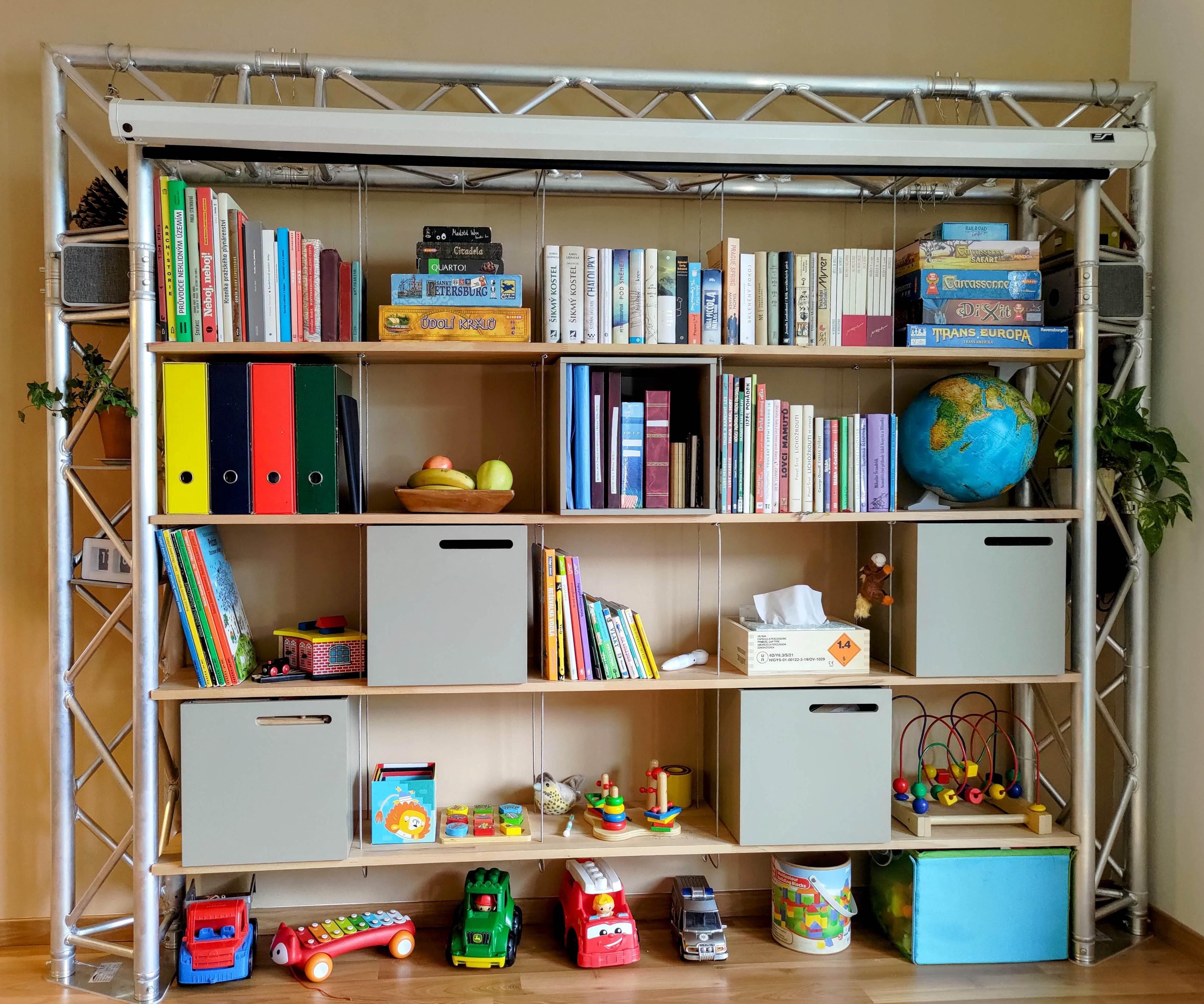 Truss Frame Shelving Unit With Home Theater