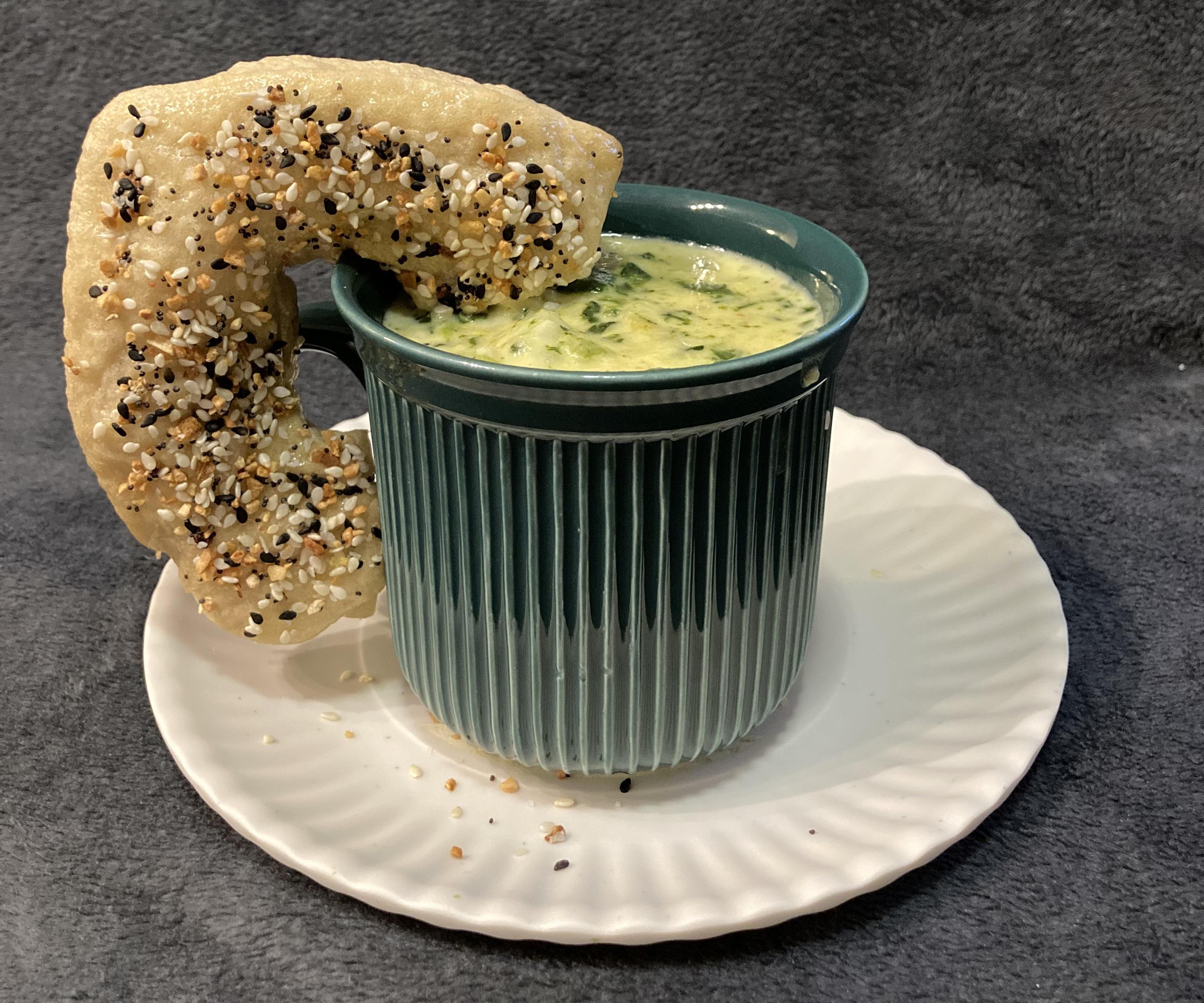 Velveeta Beer Cheese Broccoli, Spinach, and Cabbage Soup With Steamed Bagels
