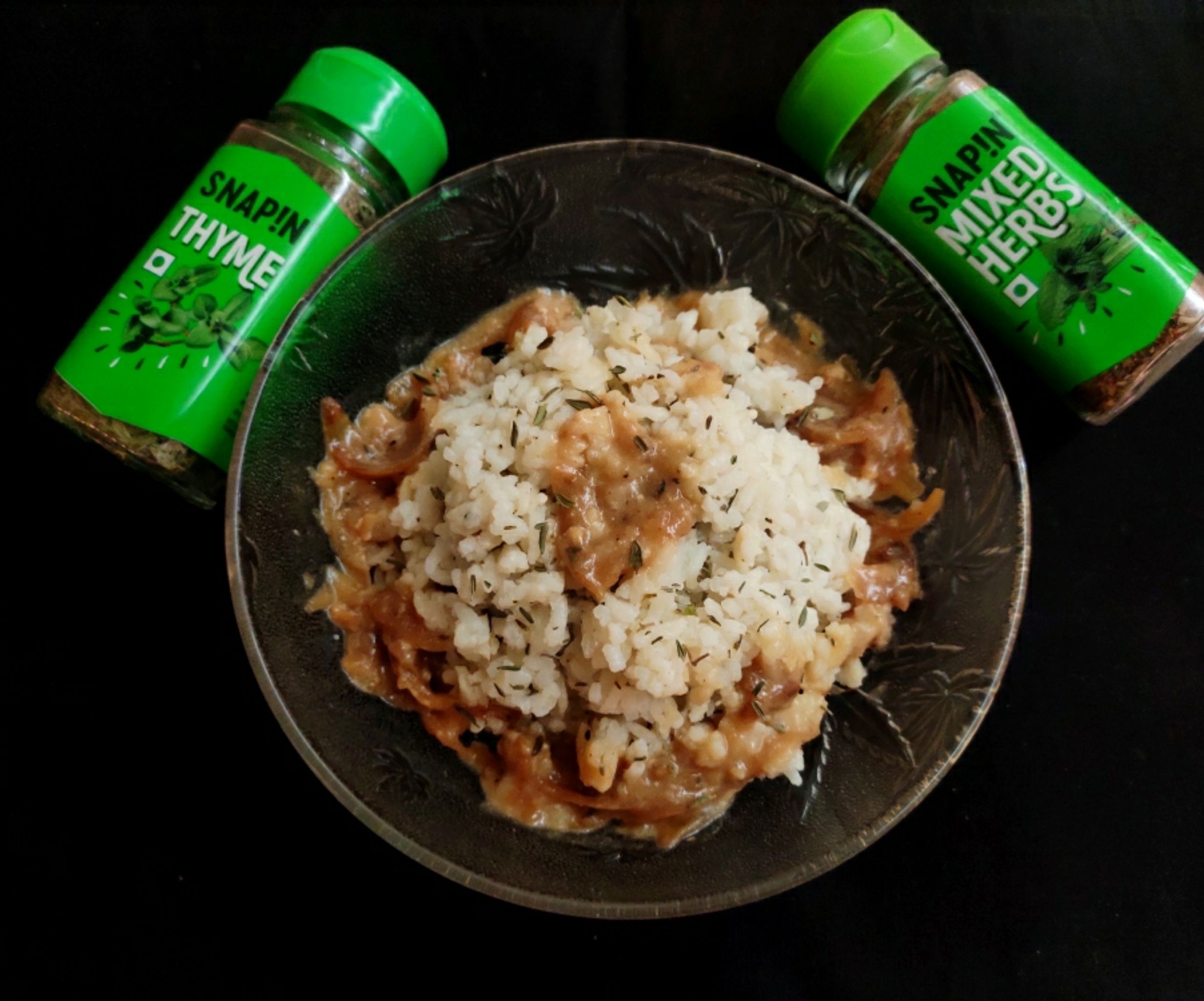 French Onion Cheese Chicken With Butter Thyme Rice