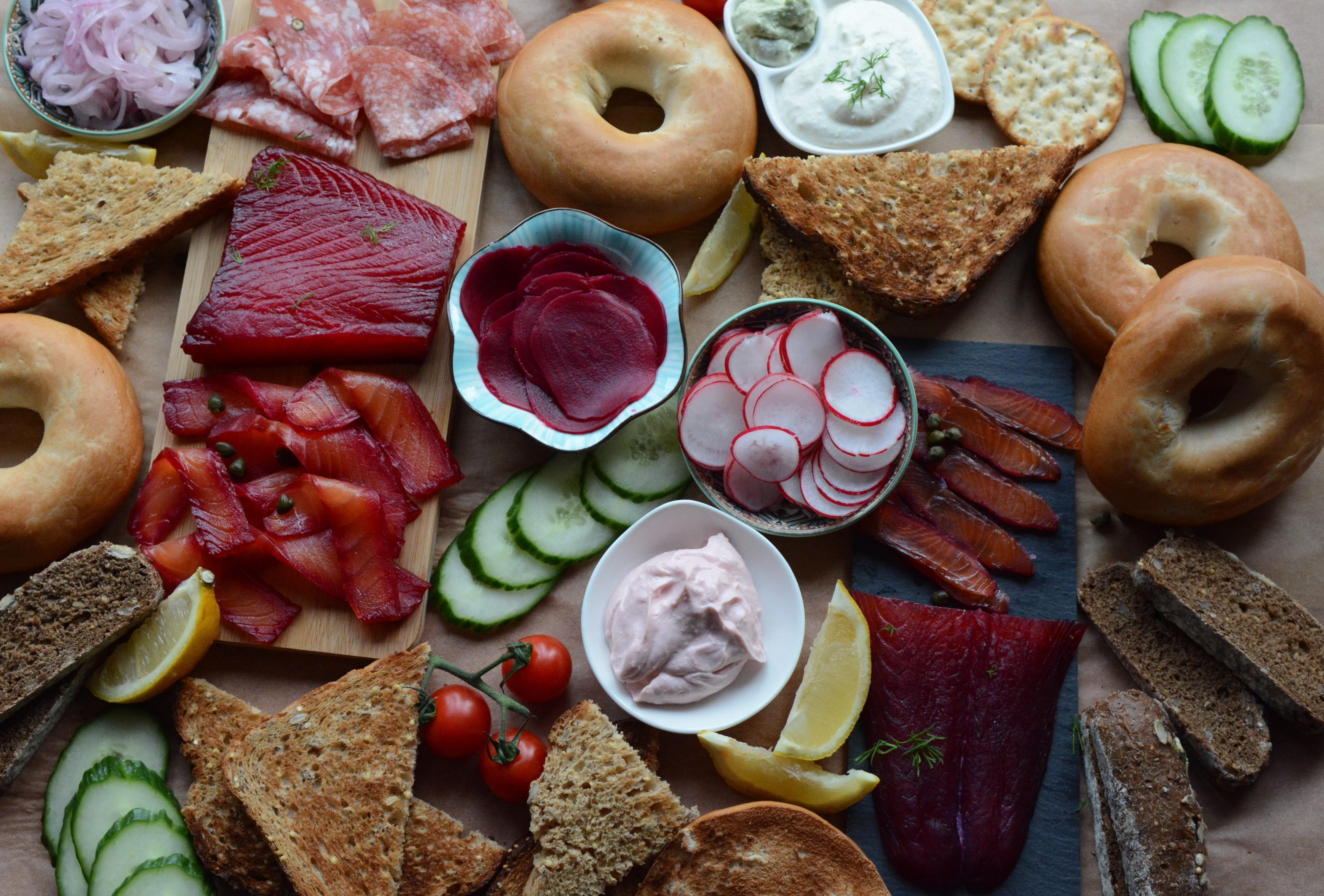 Beetroot and Blueberry Cured Salmon (Gravlax) for Breakfast Buffet