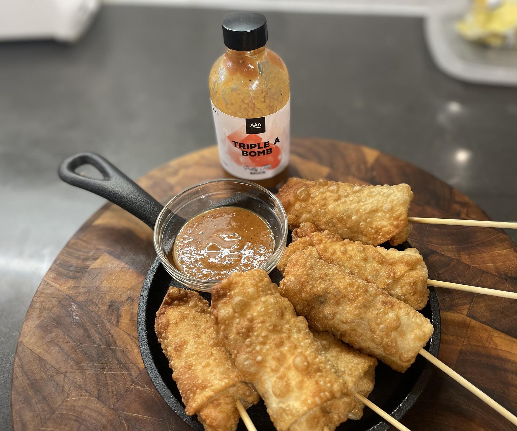 "Jerk Chicken Mini Eggrolls on a Stick" or "How I Changed a Takeout Dinner Into Hors D'oeuvres With 1 Ingredient"