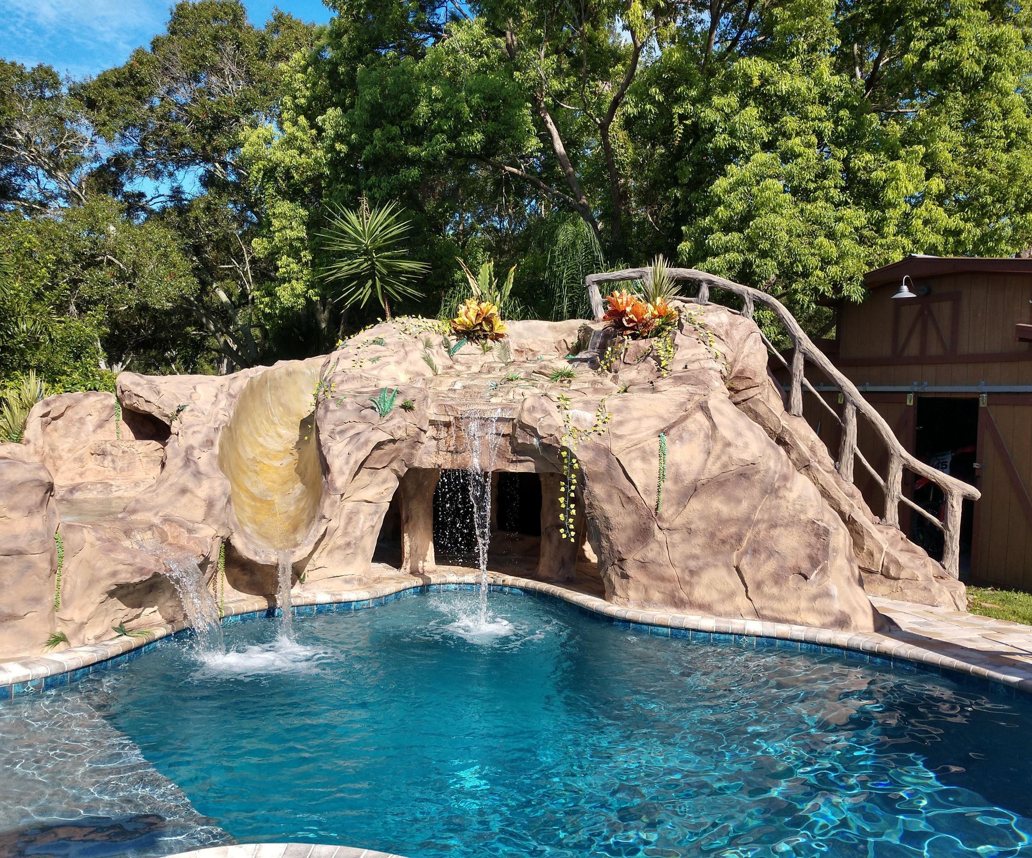 Backyard Pool Grotto With Slide   and Hot Tub. 