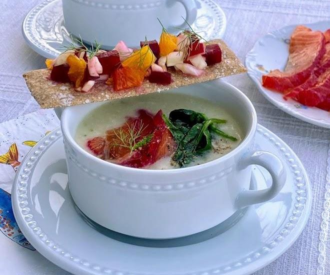 Fennel Cream Soup With Beet-cured Salmon, Spinach, Rye Crispbread and Salsa