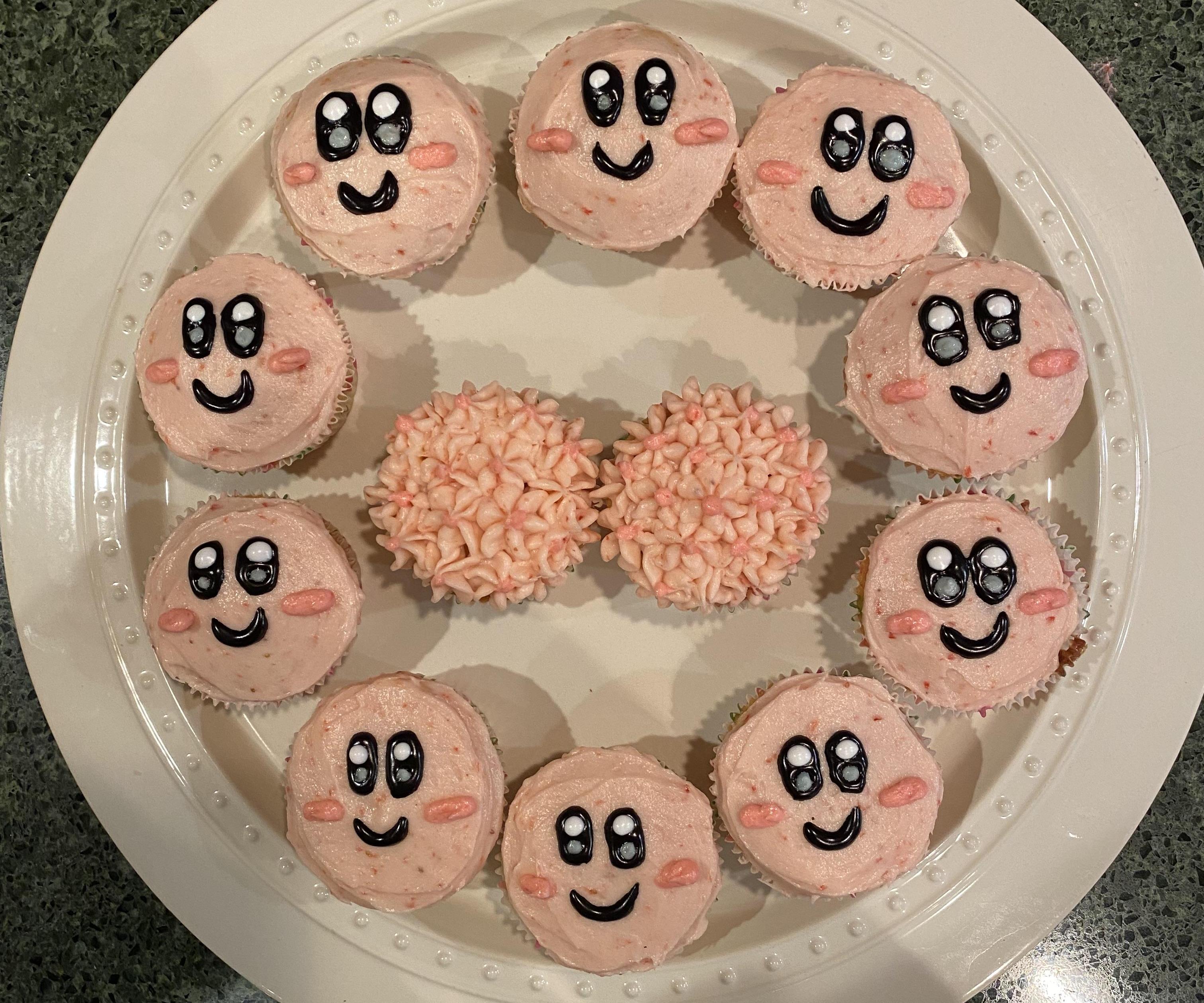 Vanilla Kirby Cupcakes With Strawberry Jam Filling and Fresh Strawberry Buttercream