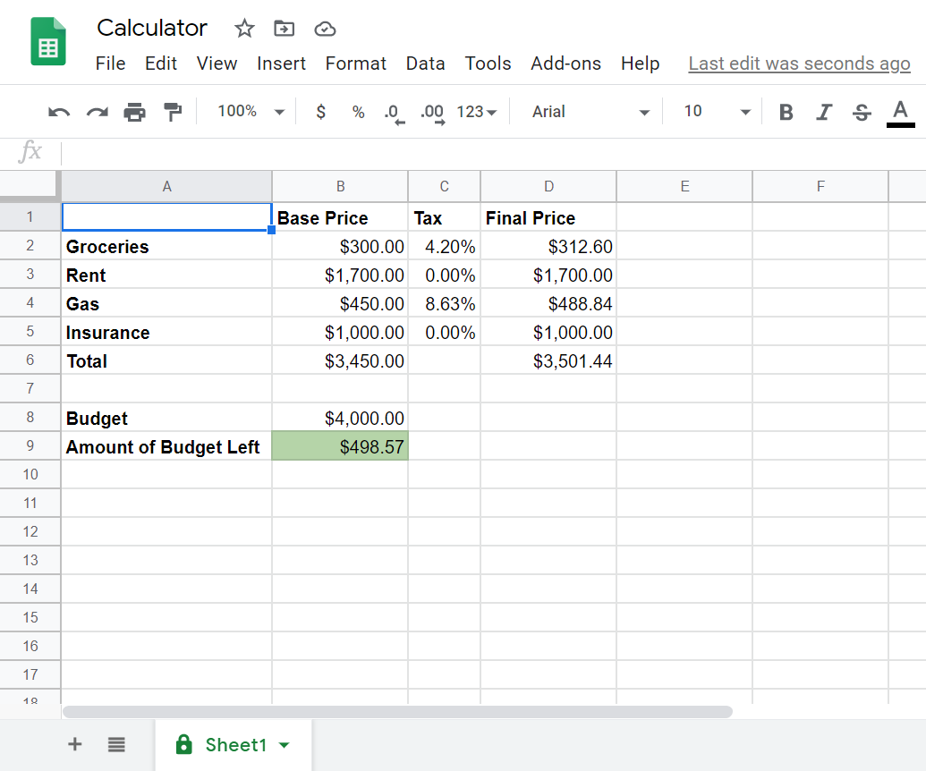 Creating a Google Sheets Specific Use Calculator Using Functions, Conditional Formatting, Data Validation, and Sheet Protection