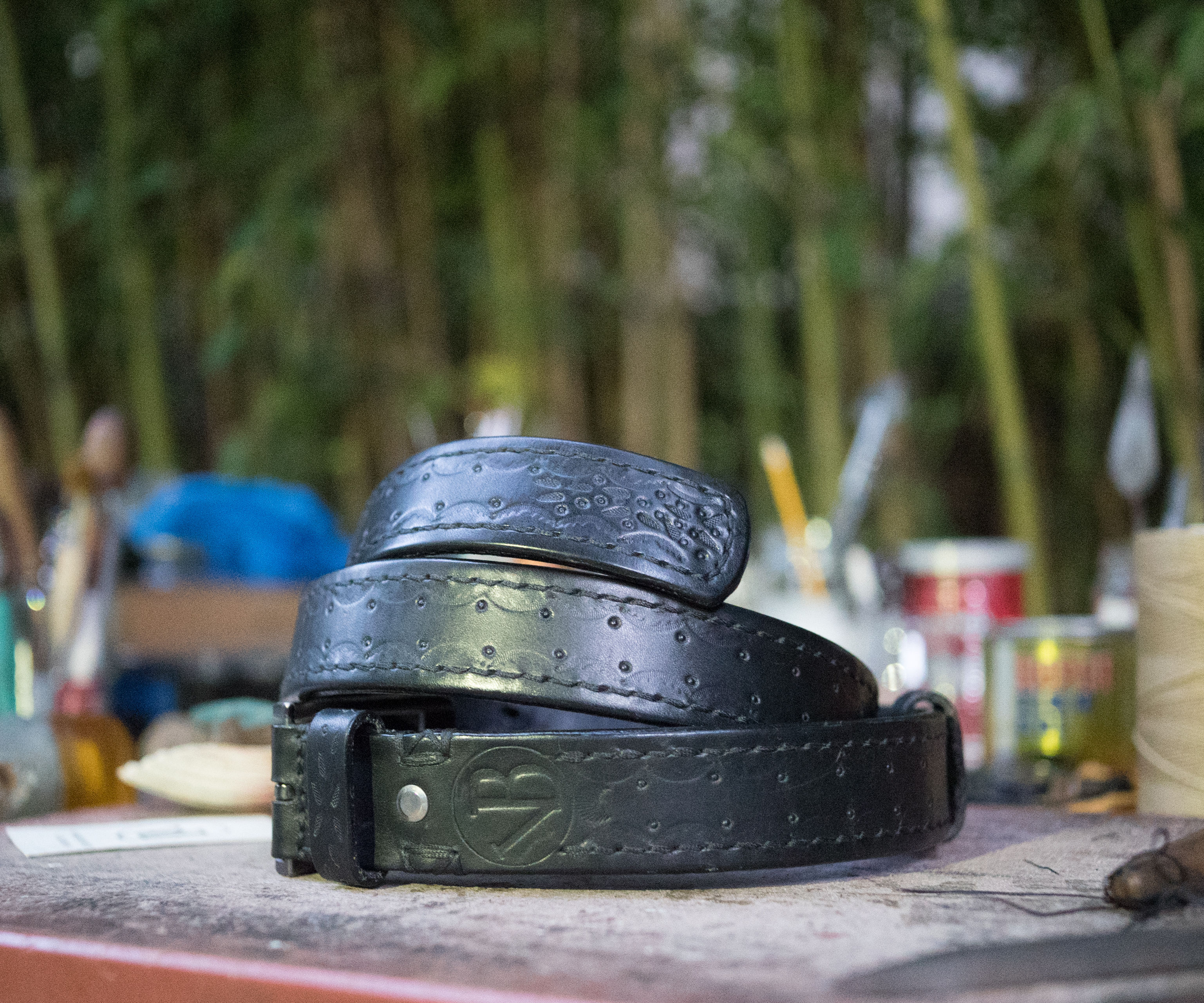 Double Raised Leather Belt With Patterns and Hand Stitched