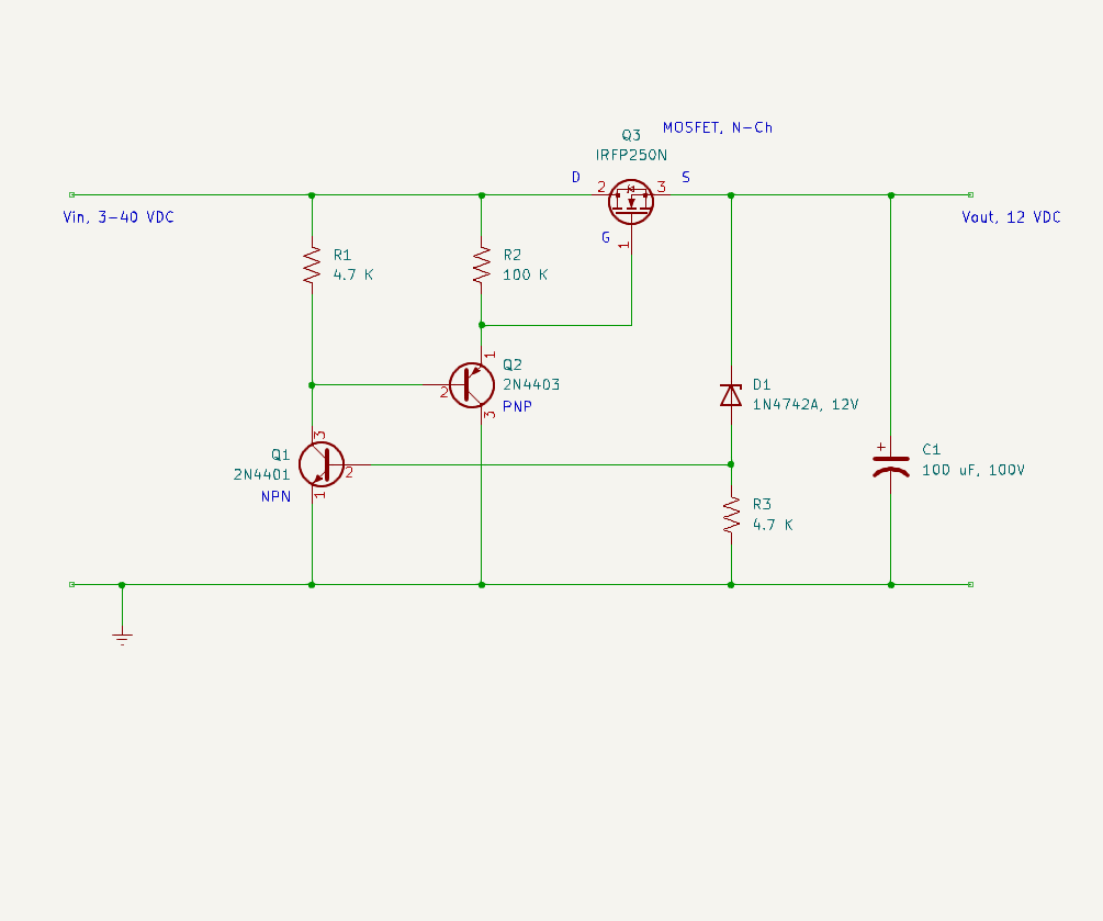 LDO Voltage Regulator, 1 MOSFET, 2 BJTs, and a Zener, <= 40V Supply Voltage