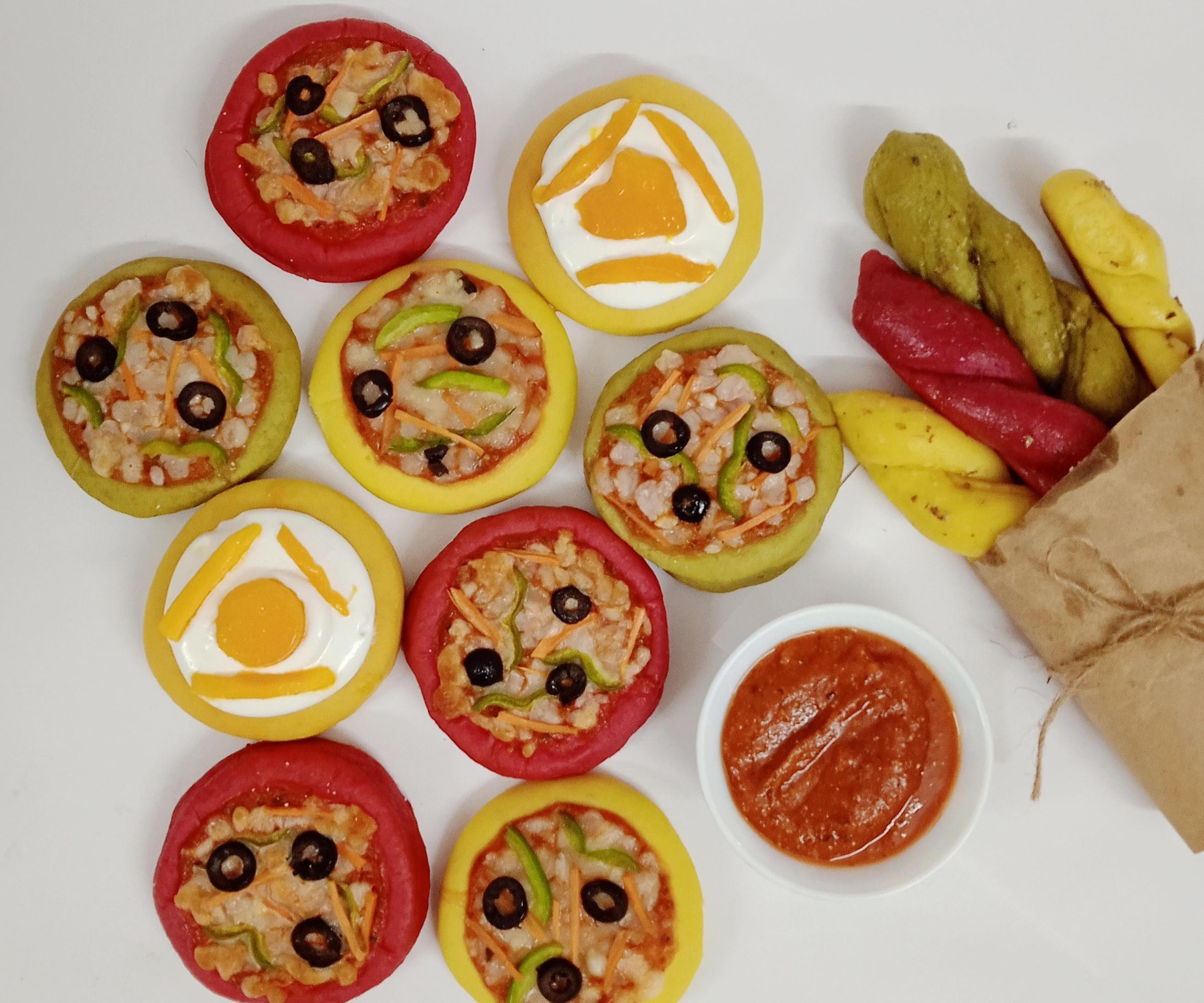 Pizzas, Pizza Sauce and Bread Sticks