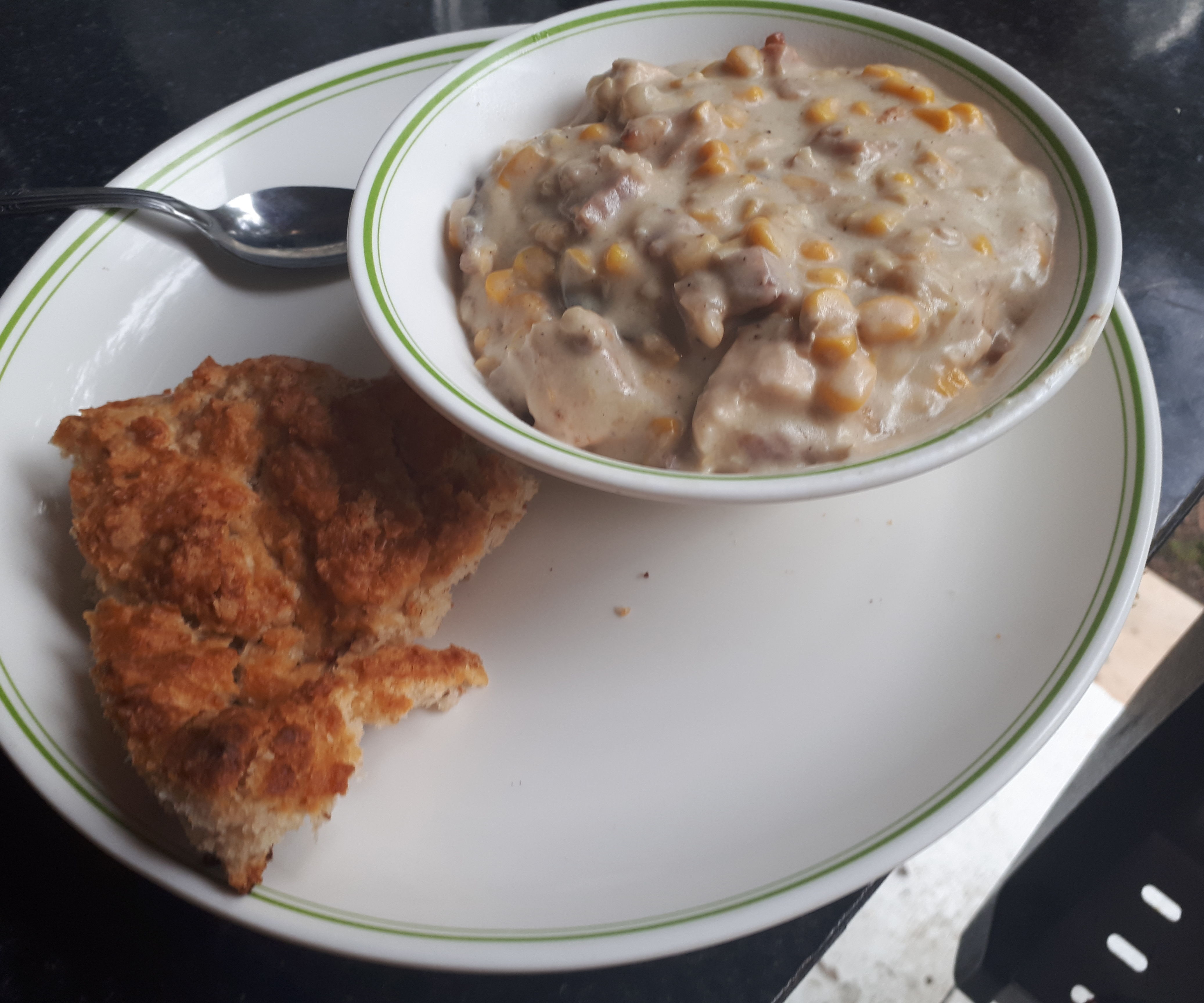 Dutch Oven, Chicken and Bacon Corn Chowder With Biscuits