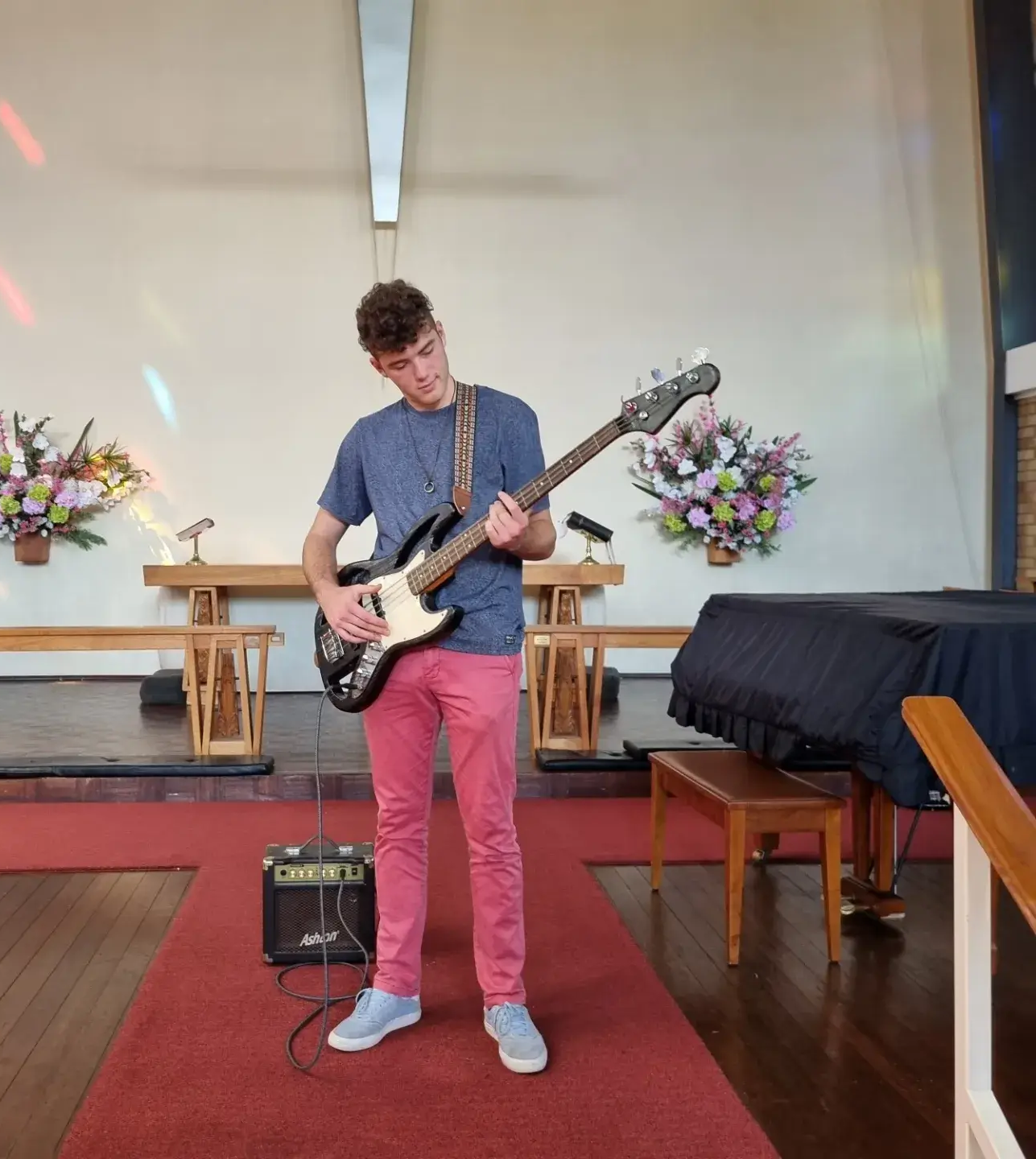 Refurbished Bass With Custom Cutouts, Wood Burnt Finish and Stained Glass Inserts.