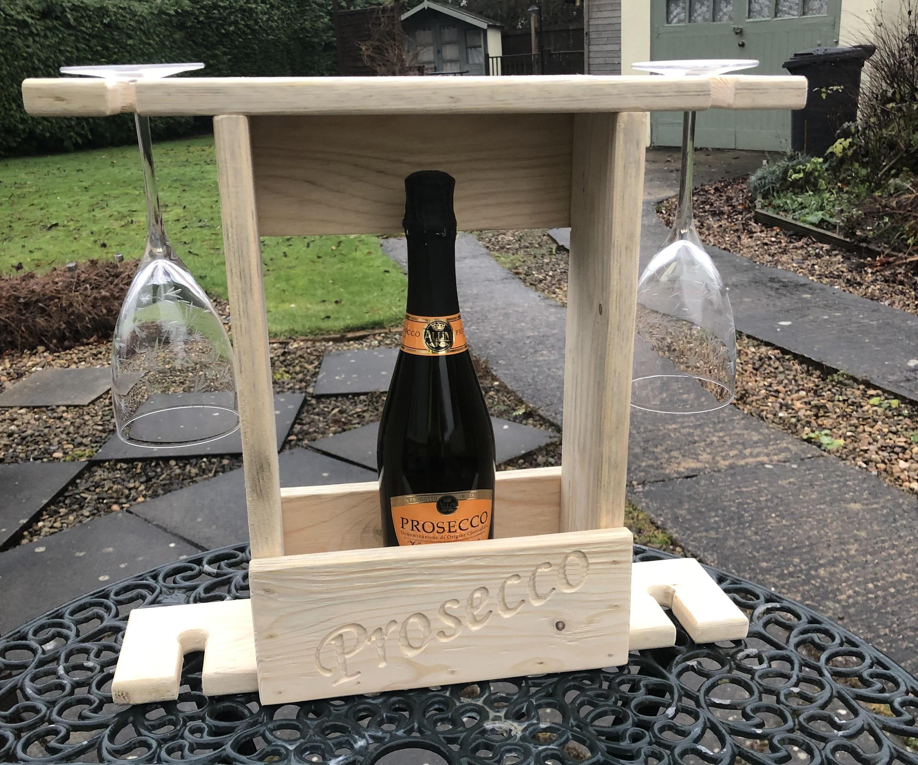 Pallet Wood Prosecco 2 Bottle & 4 Glasses Wine Rack