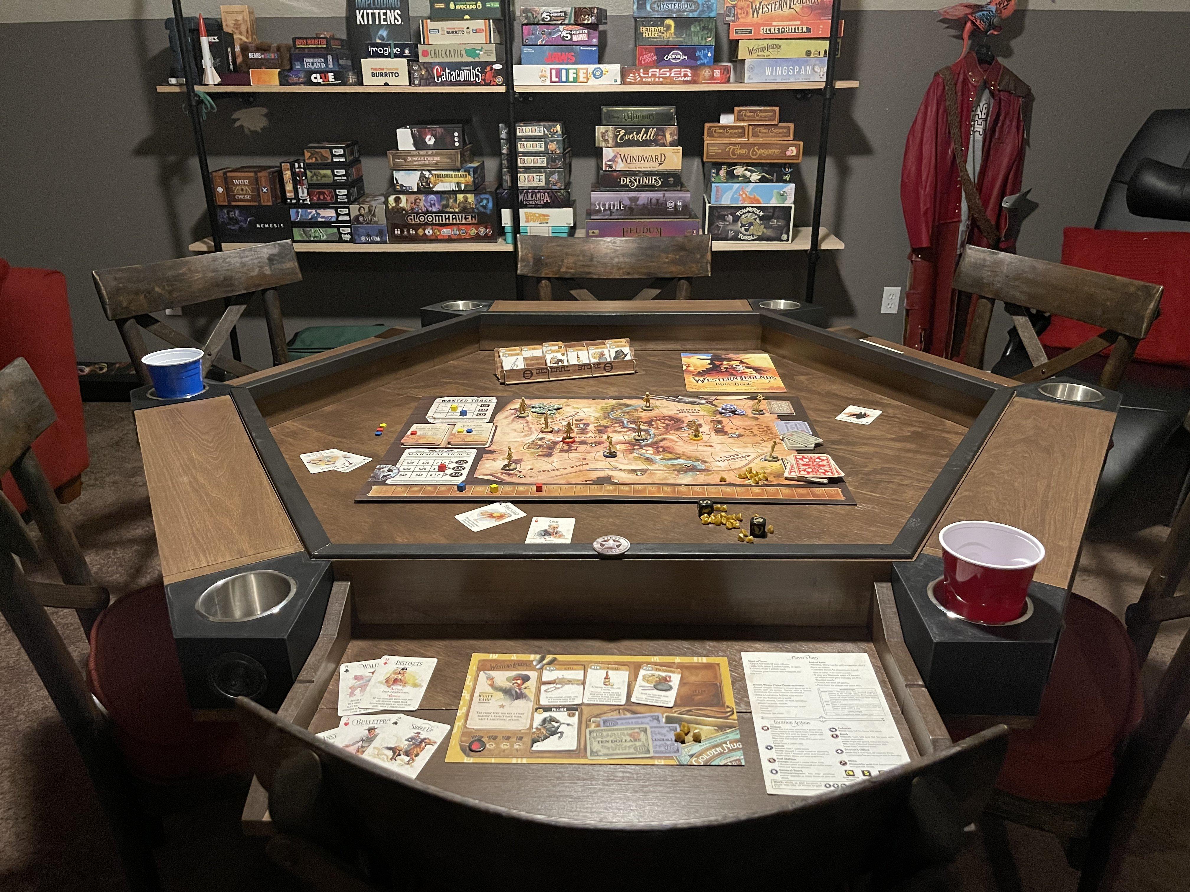 Hexagonal Board Game Table W/ Speakers and Flip-Out Desks