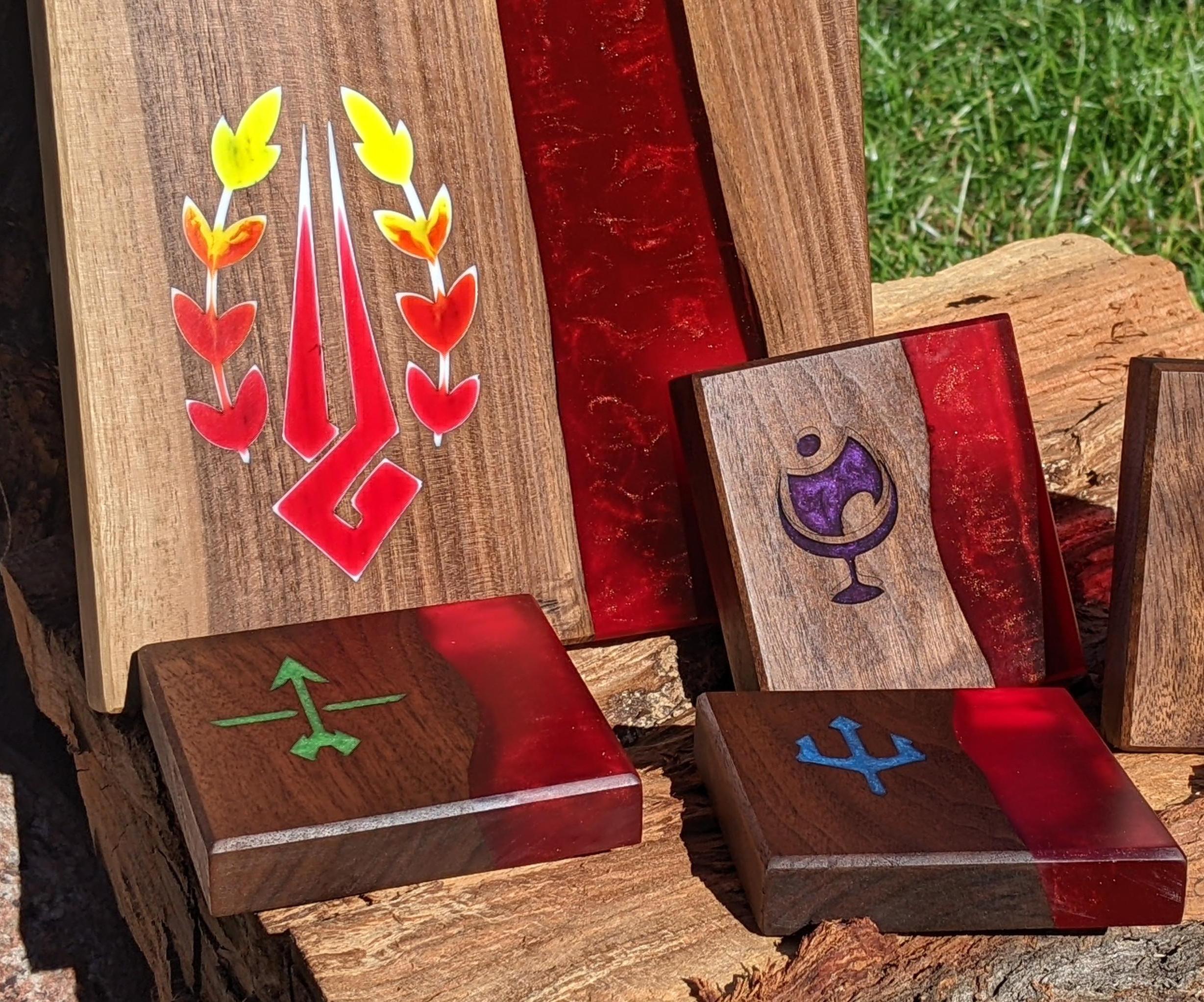 Laser-engraved Hades Resin Cutting Board and Coaster Set; River of Styx and Boons