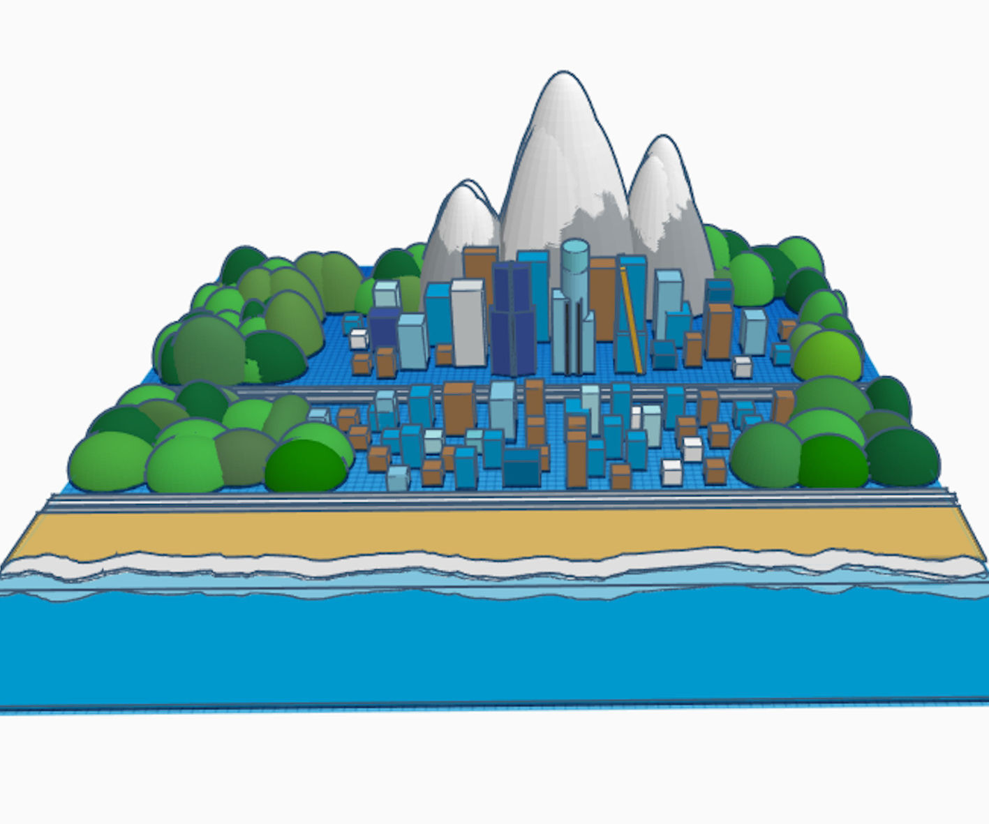 City planning with mountains, city and beach