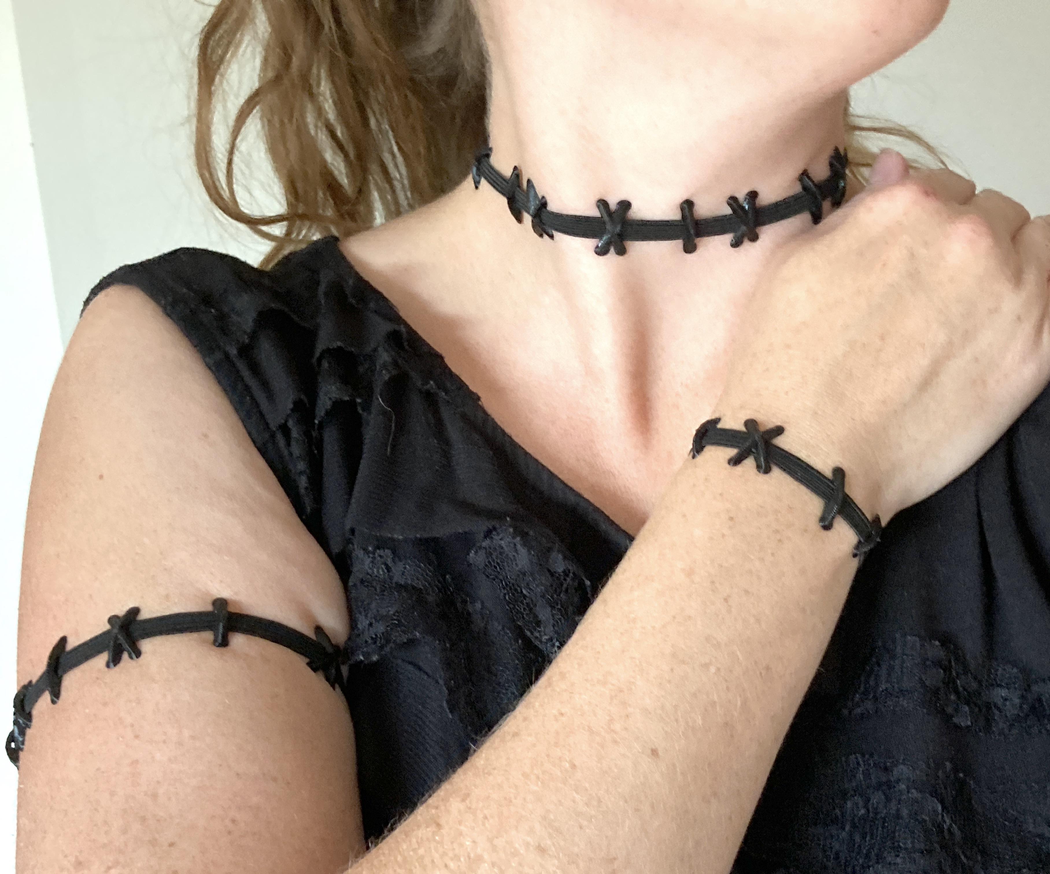 Stretchy Elastic Stitched Neck Choker and Bracelets