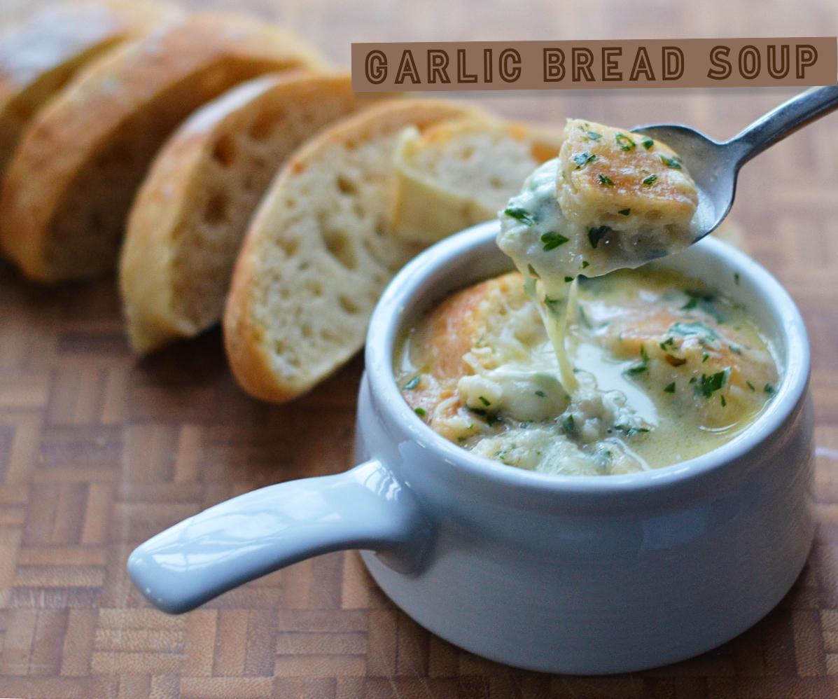 Creamy Garlic Bread Soup With No-Knead Ciabatta