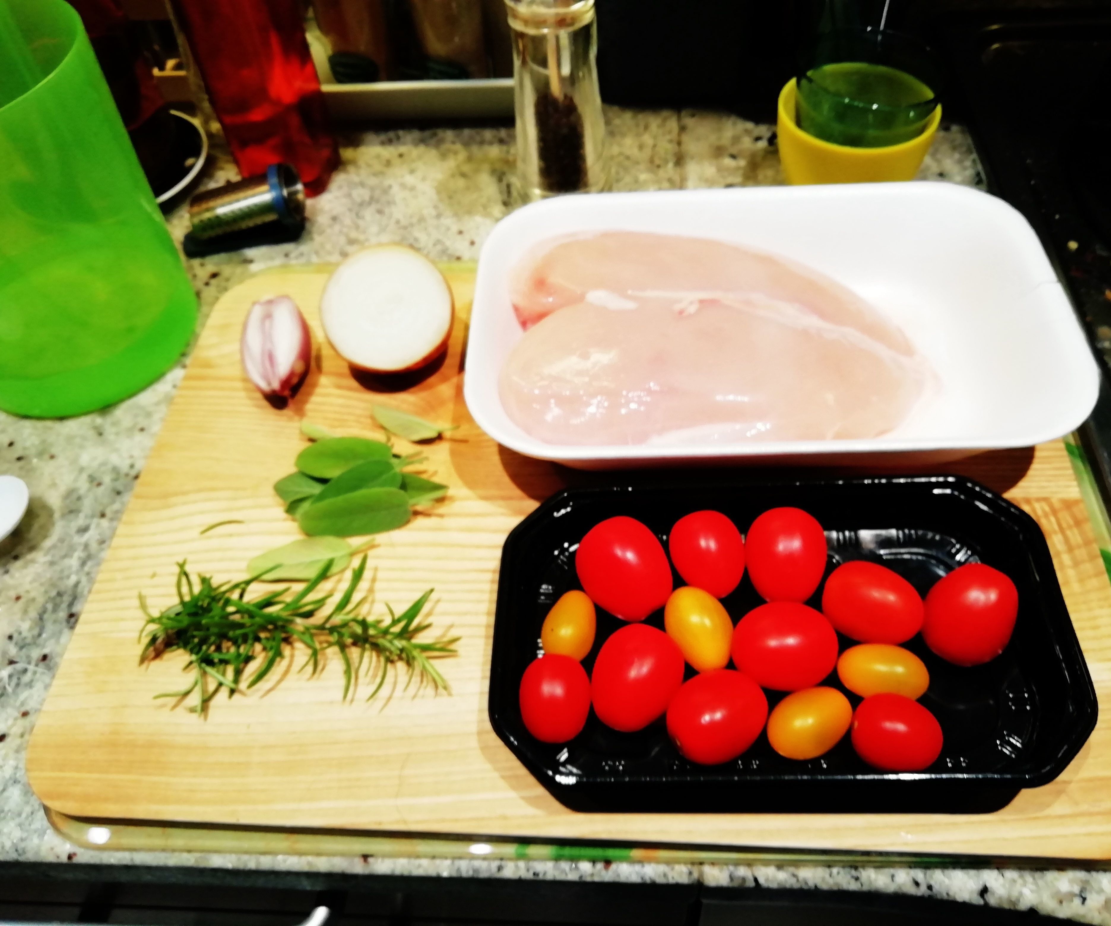 RED YELLOW GREEN CHERRYS TOMATOES AND CHICKEN BREAST.