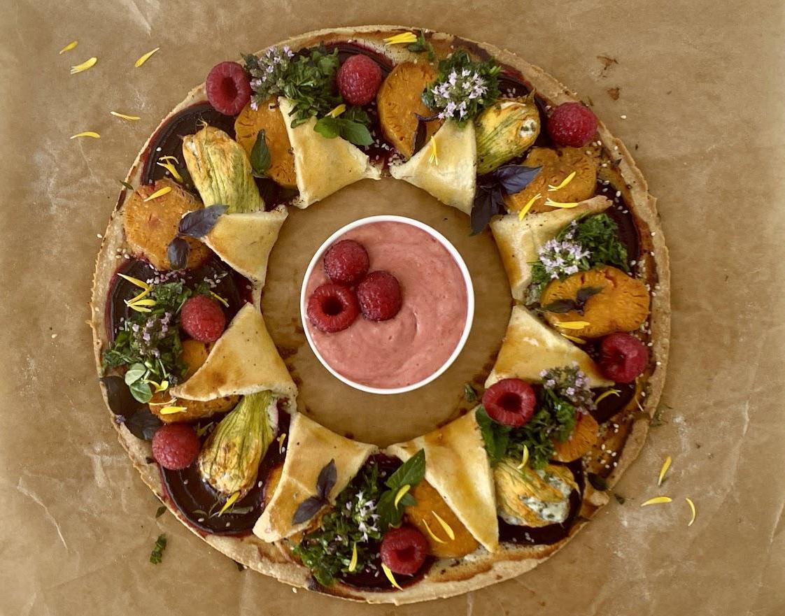 Beetroot, Sweet Potato, Stuffed Courgette Flowers Galette With Raspberry and Herbs
