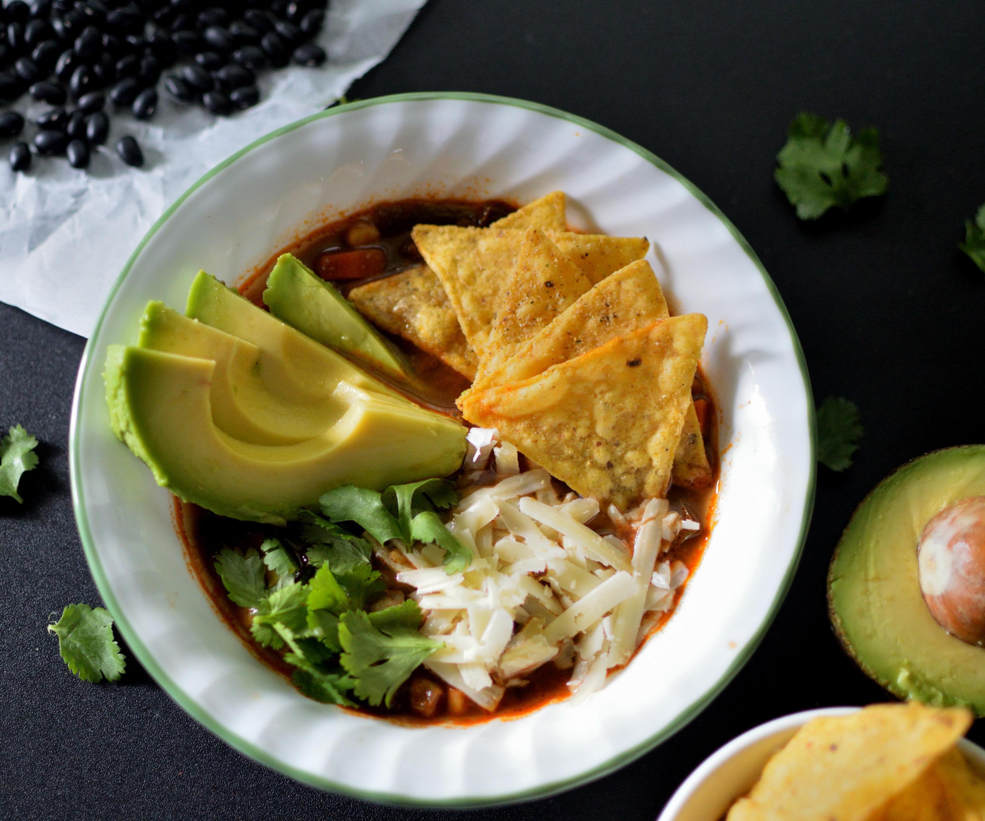 Vegan Poblano and Black Bean Tortilla Soup