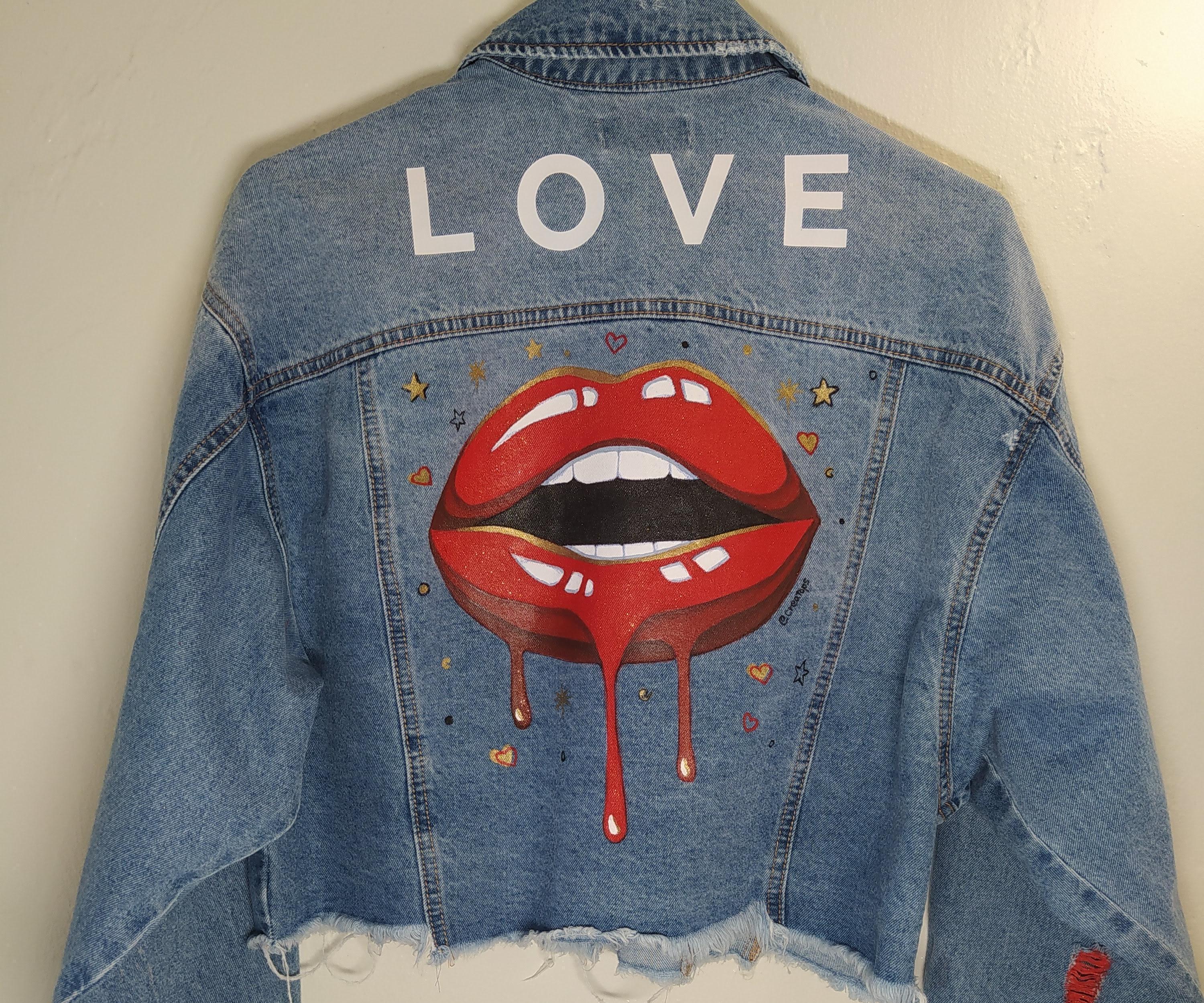 Fashion Hand Paint Denim Jacket Drop Lips